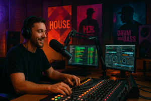 Modern radio station studio with a presenter at a microphone, colourful lights, and music equipment, representing support for new and unsigned artists