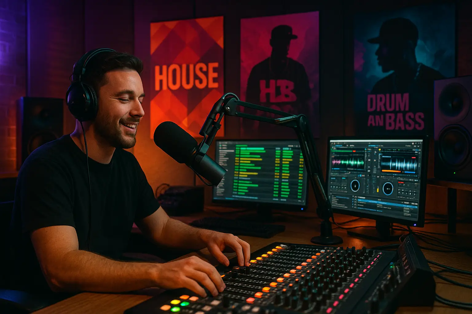 Modern radio station studio with a presenter at a microphone, colourful lights, and music equipment, representing support for new and unsigned artists