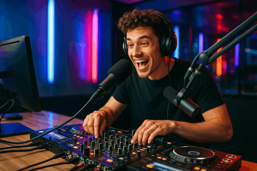 Young DJ performing live in a radio station studio for a radio DJ opportunity at Ore Stone Radio, colourful lights and professional music setup