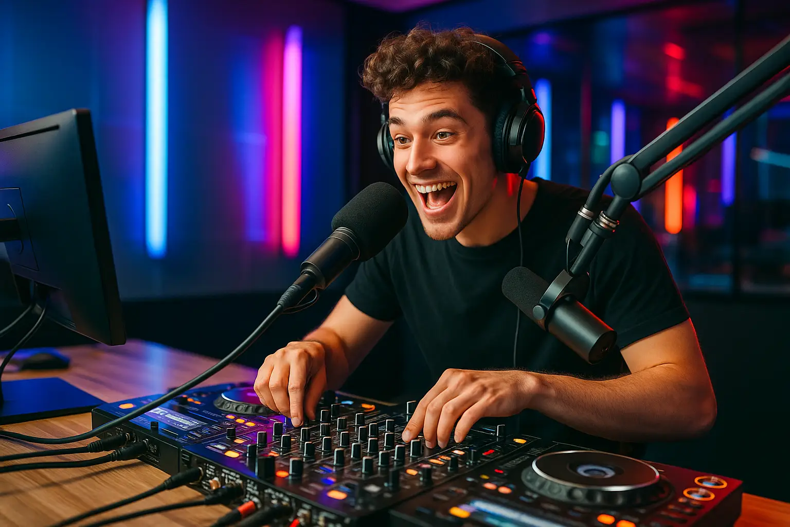 Young DJ performing live in a radio station studio for a radio DJ opportunity at Ore Stone Radio, colourful lights and professional music setup