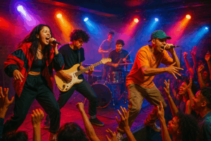New and unsigned artists performing on a colourful stage with a lively crowd at an underground music event