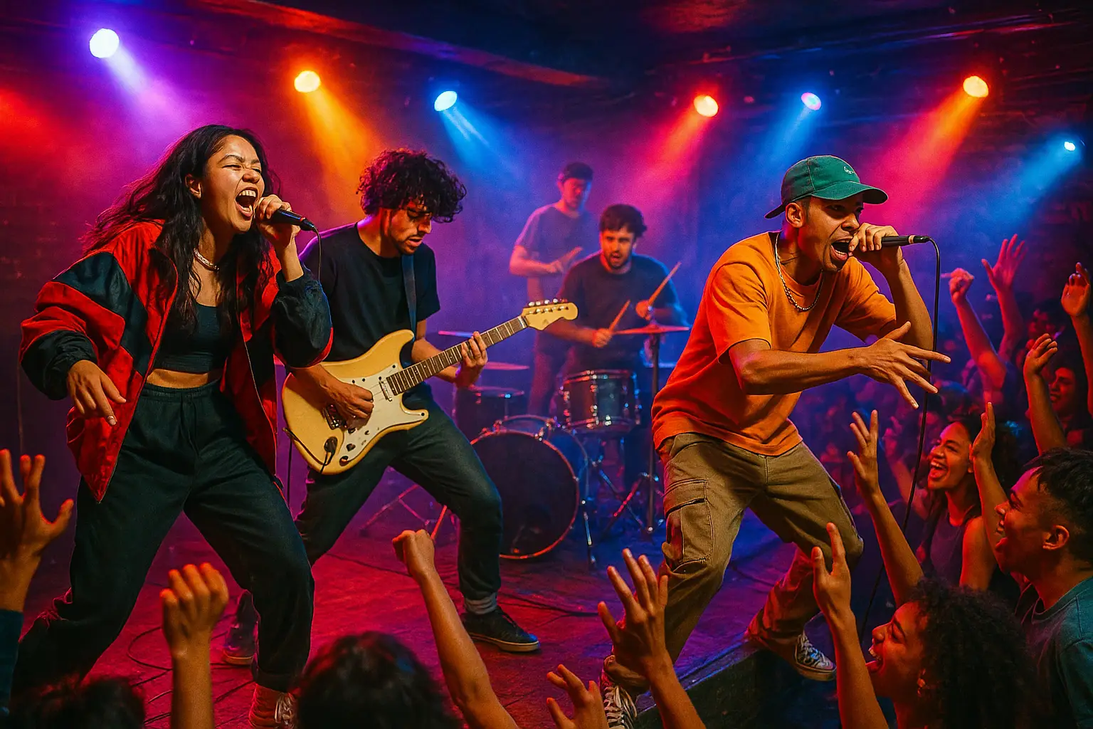 New and unsigned artists performing on a colourful stage with a lively crowd at an underground music event
