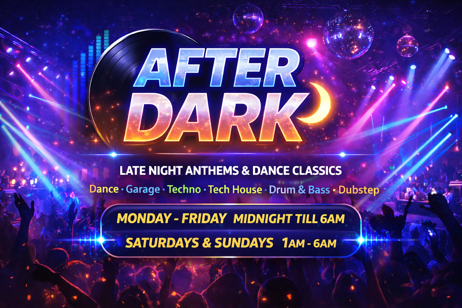 After Dark show banner on Ore Stone Radio with neon club lights, crowd silhouettes, and the genres Dance, Garage, Techno, Tech House, Drum & Bass and Dubstep, airing Mon–Fri midnight–6am and Sat–Sun 1am–6am