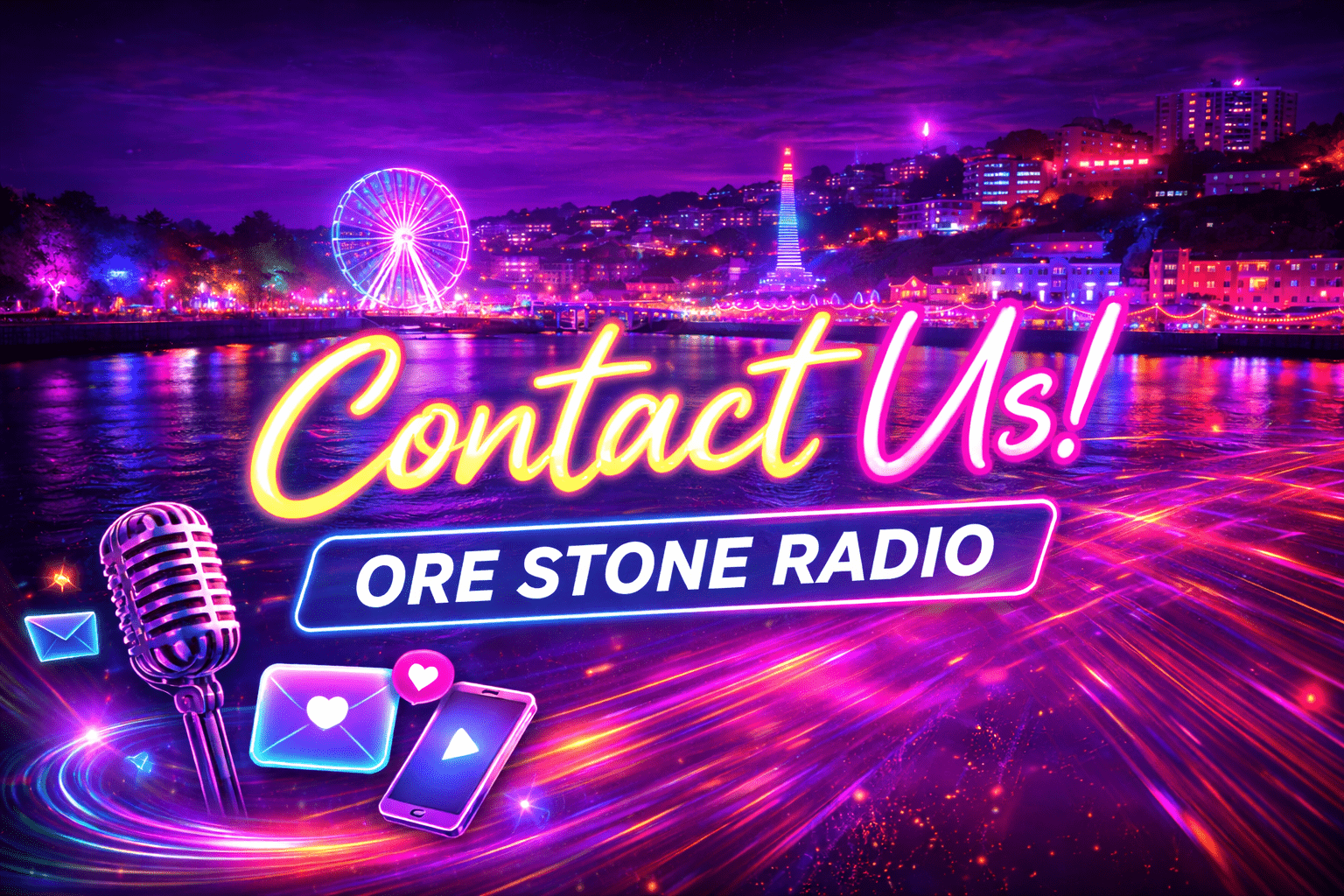 Neon Torbay waterfront night scene with “Contact Us” and Ore Stone Radio branding for the contact page banner