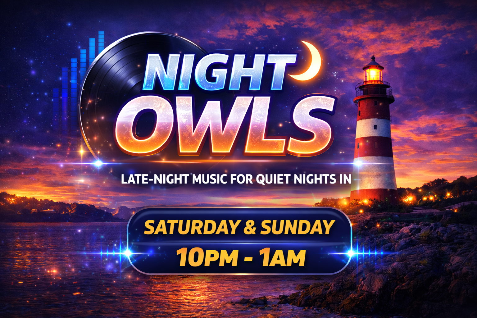 Night Owls late-night radio show banner on Ore Stone Radio, featuring a coastal lighthouse at dusk and neon soundwave graphics, airing Saturday and Sunday 10pm to 1am